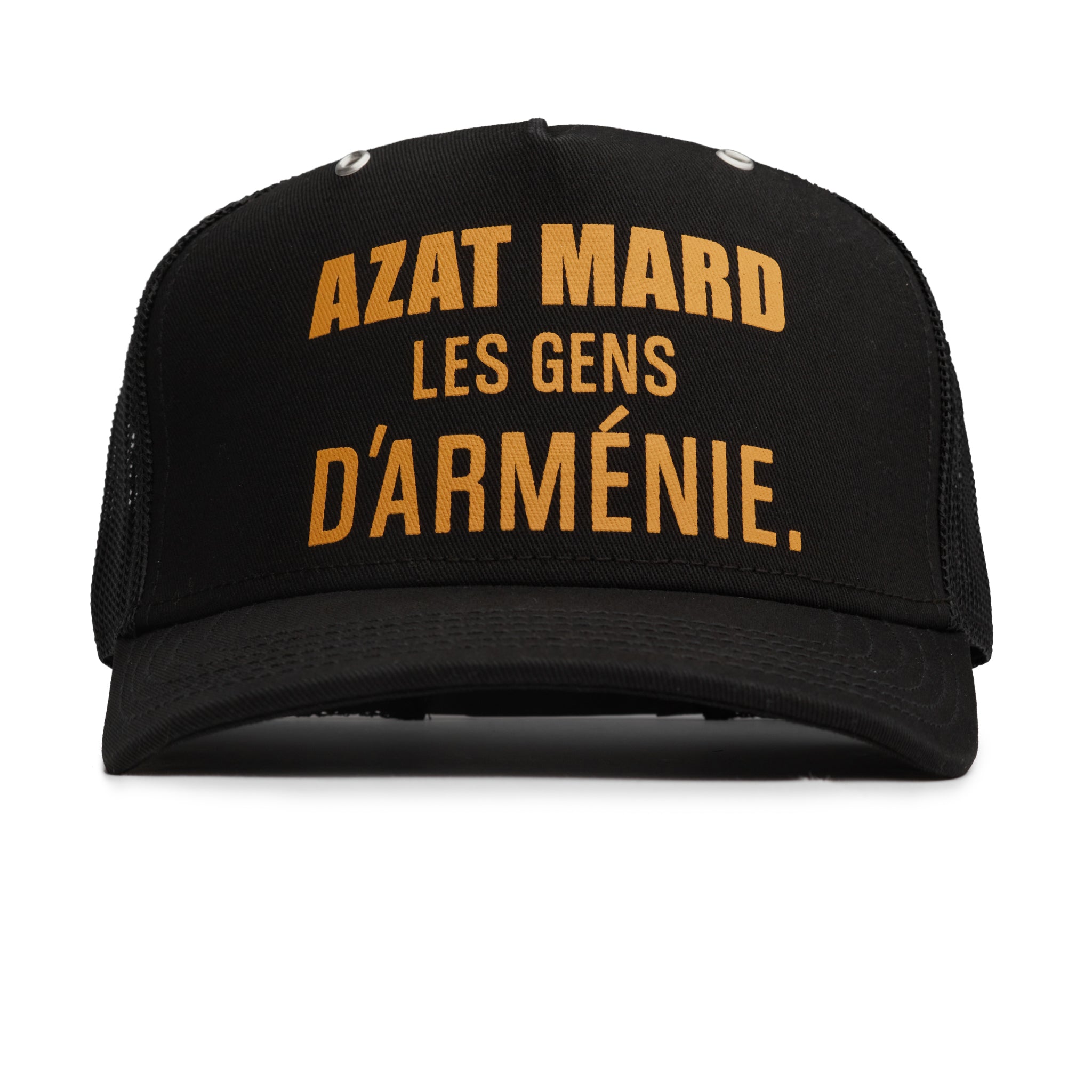 Front view of Azat Mard Les Gens Trucker Cap Black JF03456